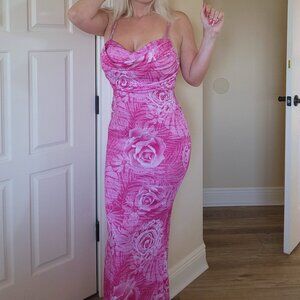New Fashion Nova pink rose floral maxi dress size L